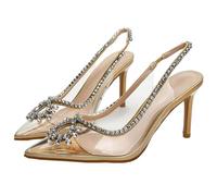Gikleihwy Women's Sparkly Rhinestone Clear Heels Fish Mouth Hollow Toe High Heels Jewel Embellished Pointed Toe Stiletto Slingback High Heels Sandals(Oro,6.5 UK)
