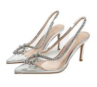 Gikleihwy Women's Sparkly Rhinestone Clear Heels Fish Mouth Hollow Toe High Heels Jewel Embellished Pointed Toe Stiletto Slingback High Heels Sandals(Silver,4 UK)