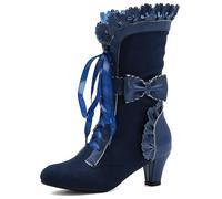 Gikleihwy Womens Sweet Bow Mid-Calf Heels Boots Fashion Lace Up Pointed Tip Suede Victorian Boots Wedding Party Dress Ankle boots Comfortable Warm Snow Shoe(Azul,6.5 UK)