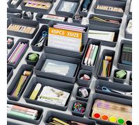 Giklux 45 Pcs Makeup Drawer Organiser Trays, 3 Sizes Desk Drawer Dividers Organisers for Cutlery, Kitchen, Office, Cosmetics, Vanity, Dressing Table, Tool Box, Plastic Junk Draw Organiser, Grey