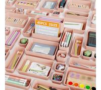 Giklux 45 Pcs Makeup Drawer Organiser Trays, 3 Sizes Desk Drawer Dividers Organisers for Cutlery, Kitchen, Bathroom, Office, Cosmetics, Vanity, Dress Table, Tool Box, Plastic Junk Draw Organiser, Pink