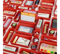 Giklux 45 Pcs Makeup Drawer Organiser Trays, 3 Sizes Desk Drawer Dividers Organisers for Cutlery, Kitchen, Bathroom, Cosmetics, Vanity, Dressing Table, Tool Box, Plastic Junk Draw Organiser, Red