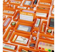 Giklux 45 Pcs Makeup Drawer Organiser Trays, 3 Sizes Desk Drawer Dividers Organisers for Cutlery, Kitchen, Bathroom, Office, Vanity, Dressing Table, Tool Box, Plastic Junk Draw Organiser, Orange