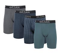 Gildan Men's Cotton Stretch Boxer Brief, Multipack, HTHR Dark Grey/HTHR Navy/Shapes/Blue (4-Pack, Long Leg), XL (Pack of 4)