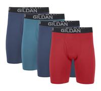 Gildan Men's Cotton Stretch Boxer Brief, Multipack, Blue Cove/Hawaiian Blue/Heather Red Mark (4-Pack, Long Leg), S (Pack of 4)