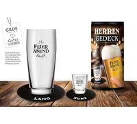 GILDE - 62527 Men's Place Setting, 4 Pieces, Evening Runs, Beer Glass, Shot Glass, 2 Felt Coasters in a Cylinder Box, Gift Set