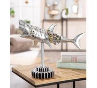 GILDE Steampunk Shark Resin Figurine Antique Silver Finish Gear 30cm Tall 38cm Wide 12cm Deep