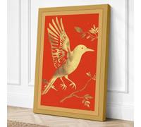 Gilded Bird on Branch Japandi Canvas Wall Art Print 30x20 Inch (76 x 51 cm)
