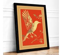 Gilded Bird on Branch Japandi Framed Wall Art Print A2 (59.4×42cm) Black, Wall Decor for Living Room, Bedroom, Office & Home, Ready to Hang, Art Gift