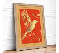 Gilded Bird on Branch Japandi Framed Wall Art Print A2 (59.4×42cm) Oak, Wall Decor for Living Room, Bedroom, Office & Home, Ready to Hang, Art Gift