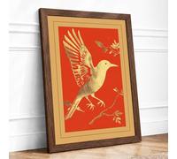 Gilded Bird on Branch Japandi Framed Wall Art Print A4 (29.7×21cm) Walnut, Wall Decor for Living Room, Bedroom, Office & Home, Ready to Hang, Art Gift