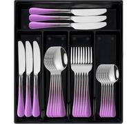 Gilded Silverware Set, 24 Piece Cutlery Set with Holder, Service for 6, Mirror Polished Tableware Set for Home Kitchen (Purple Silver)