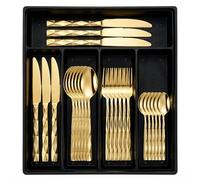 Gilded Silverware Set, 24 Piece Cutlery Set with Holder, Service for 6, Mirror Polished Tableware Set for Home Kitchen (Gold Diamond)