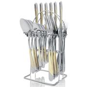 Gilded Silverware Set, 24 Piece Cutlery Set with Holder Service for 6 Mirror Polished Tableware Set for Home Kitchen, Dishwasher Safe (Gold Silvery)