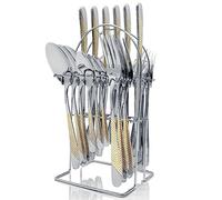 Gilded Silverware Set, 24 Piece Cutlery Set with Holder Service for 6 Mirror Polished Tableware Set for Home Kitchen, Dishwasher Safe (Gold Silvery)
