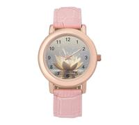 Gilded White-lotus Flower Womens Leather Strap Elegant Lady Wrist Watches Casual Band Three-Hand Watch