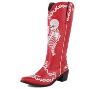 GiledGrace Women Skull Embroidered Cowboy Boots Mid Calf Western Boots Chunky Heel Wide Calf Cowgirl Boot Slip On Red Size 41