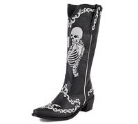 GiledGrace Women Skull Embroidered Cowboy Boots Mid Calf Western Boots Chunky Heel Wide Calf Cowgirl Boot Slip On Black Size 38