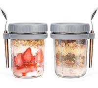 Gilen Overnight Oats Jars with Lids and Spoon, Overnight Oats Container, 10 Oz Glass Porridge Container to Go for Chia, Pudding, Milk, Cereal, Fruit, Yogurt, Salad, Cereal Meal Prep Jars (Gray+gray)