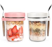 Gilen Overnight Oats Jars with Lids and Spoon, Overnight Oats Container, 10 Oz Glass Porridge Container to Go for Chia, Pudding, Milk, Cereal, Fruit, Yogurt, Salad, Cereal Meal Prep Jars (Pink+white)