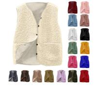Gilet for Women, Button Down Sleeveless Teddy Jacket Solid Wool V Neck Vest Ladies Winter Warm Fuzzy Tops Coat Soft Polar Fleece Gilet with Pockets Plus Size Short Fit Velvet Waistcoat S-XXL