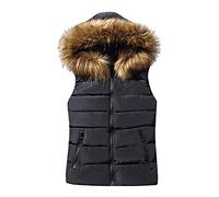 Gilet for Women UK Hooded Quilted Zip Up Sleeveless Padded Jacket Vest with Fur Hood Winter Padded Body Warmer Solid Outwear Ladies Gilet Coat Size 12-16