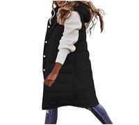 Gilet for Women Uk,Women's Puffer Long Gilets,Winter Long Sleeveless Jacket Solid Color Full Zip Hooded Coat Outdoor Waterproof Jackets With Pockets Winter Warm Quilted Vest Ladies Body Warmer