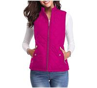 gilet for women uk Womens Quilted Gilet Full Zip Sleeveless Waistcoat Ladies Pocket Lightweight Warm Jackets Padded Zipper Vests Coat Fasion Outdoor Hiking Sports Fall Winter Outfits Hot Pink XXL