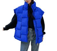 Gilets for Women Warm Mid Length Stand-up Collar Wing Sleeves Quilted Gilet Puffer Vest Ladies Cotton Padded Vests with Zip Pockets (Blue, XXL)