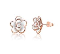 Gilieyer Rose Flower Stud Earrings for Women, 18K Gold Plated Enamel Craft Black Flower Earrings Cute Jewelry Gifts for Mother's Day (Rose Gold White)