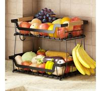 GILLAS 2 Tier Countertop Fruit Basket with 2 Banana Hangers for Kitchen, Detachable Metal Organizer for Bread Vegetable Fruits with Wooden Handle, Large Capacity Rectangular Storage Stand Bowls, Black