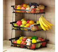 GILLAS 3 Tier Countertop Fruit Basket with 2 Banana Hangers for Kitchen, Detachable Metal Organizer for Bread Vegetable Fruits with Wooden Handle, Large Capacity Rectangular Storage Stand Bowls, Black