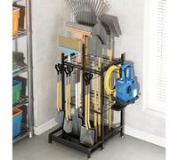 GILLAS Garden Tool Organizer for Garage, Utility Storage Racks with Hooks, Metal Yard Tool Stand Holder Organizer for Long-Handled, Broom, Shovel, Rake, Sturdy Heavy Rack for Outdoor, Yard, Black