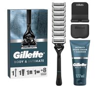 Gillette Body & Intimate Men’s Razor Set - Pubic Hair & Ball Shaver, 8 Razor Blade Refills + 2in1 Shave Cream & Cleanser, Below-the-Waist Grooming, Includes Shower Hook & Travel Cover