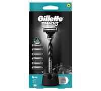 Gillette Mach3 Charcoal Shaver + 5 x Replacement Razor + Premium Stand Favor Plush