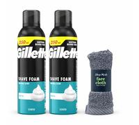 Gillette Men’s Shaving Sensitive Skin Foam 250ml 2 Pack - Smooth Glide Shave Cream, Beard Softening Foam, Anti-Irritation Formula, Original Scent Grooming for Daily Use with Face Towels