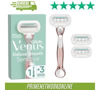 Gillette Venus Deluxe Smooth Sensitive Women's Razor with Rose Gold Metal Handle + 3 Refill Blades