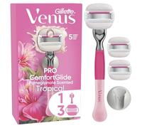 Gillette Venus Pro ComfortGlide Pomegranate Scented Tropical Women’s Razor with Olay Moisturiser, 1 Refill Razor Cartridges, Reusable Metal Handle and Shower Holder