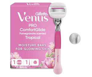 Gillette Venus Pro ComfortGlide Pomegranate Scented Tropical Women’s Razor | with Olay Moisturiser, 1 Refill Razor Cartridges, Reusable Metal Handle and Shower Holder