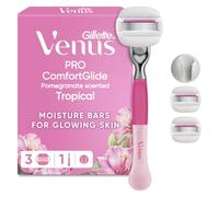 Gillette Venus Pro ComfortGlide Tropical Razor for Women, 1 Handle & 3 Blade Refill - Pomegranate Scented, Olay Moisture Bars, Reusable Metal Handle, Shower Holder
