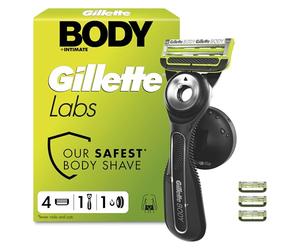 GilletteLabs Body + Intimate Razor for Men, 1 Handle & 4 Cartridges | Triple Defence System, Easy Reach Shower Grip, Anti-Ingrown & Anti-Irritation Bars, Magnetic Shower Hanger