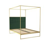 Gillmore Federico Canopy Bed Frame & Headboard - Double - Brass Brushed - Green Deep Velvet