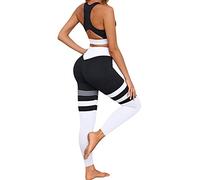 GILLYA Yoga Workout Outfits for Women 2 Piece Set, High Waisted Striped Gym Leggings Top Bra Set, Fitness Gym Outfits Set - Black - Medium