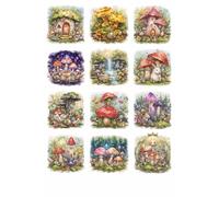 GILORRA Whimsical Mushroom House UV DTF Stickers, 12 Waterproof Patterns, 2.5 Inch Glossy Vinyl Decals for Mugs, Bottles, Laptop, Multicolour