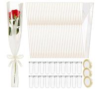 Gilprop 100 Set Single Rose Sleeve with Floral Water Tubes for Bouquets 100 Single Flower Wrapping Bags 100 Flower Water Tubes with 3 Ribbons Flower Packaging Bags