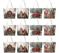 Gilprop 12 Pcs Christmas Canvas Tote Bags Vintage Xmas Truck Santa Claus Nutcracker Grocery Shopping Bags Reusable Xmas Gift Goodie Pouches for Merry Christmas Winter Holiday Gifts Wrapping Storage
