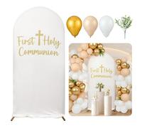Gilprop 125 Pcs First Holy Communion Gold Balloon Garland Arch Kit 7.2ft White Elastic Polyester Arch Cover Golden Balloon Set Baptism Party Backdrop for Communion Celebration Photography Backdrop