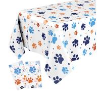 Gilprop 2 Pack Blue Dog Paw Print Tablecloth 54x108 Inch Large Puppy Themed Tablecloth Plastic Disposable Rectangle Table Cover for Puppy Dog Cat Birthday Party Supplies(White,Paw Prints)