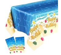 Gilprop 2 Pack Hawaiian Birthday Party Tablecloth Covers Beach Waves Hibiscus Flower Palm Leaf Table Cloths 108'' x 54'' Luau Disposable Plastic Waterproof Rectangular Covers for Birthday Tropical