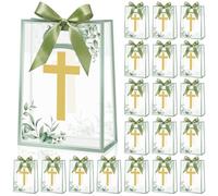 Gilprop 20 Pcs Religious Gift Bags with Handles - Cross Baptism Favor Bags with Ribbon, Clear PP Bag for First Communion, Church Christian Party Supplies, 10 x 7 x 3.15 Inch (Green)